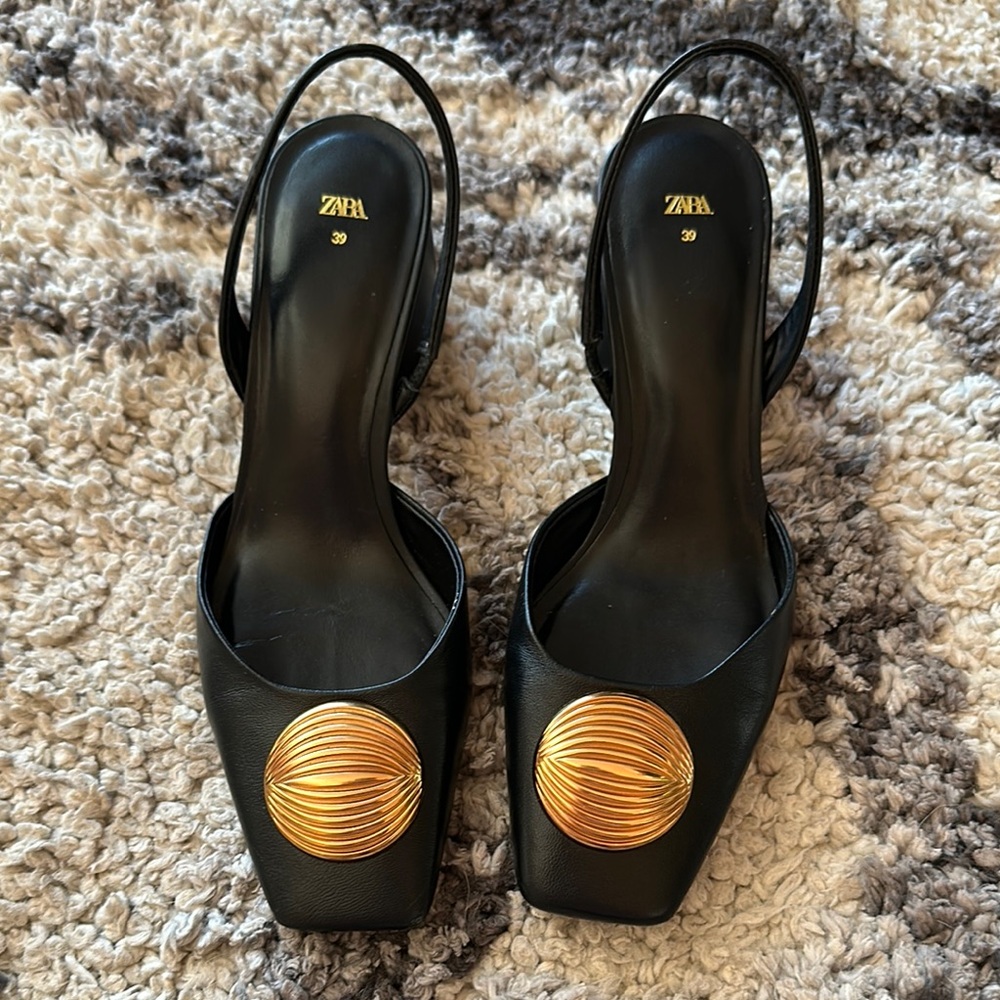 Zara Black Heels with Gold Embellishment